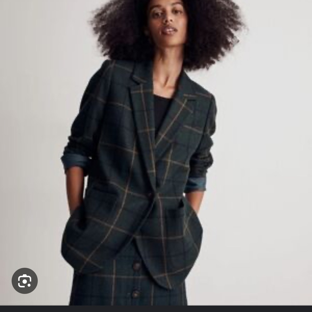 Madewell Dark Green Plaid Wool Blend Blazer